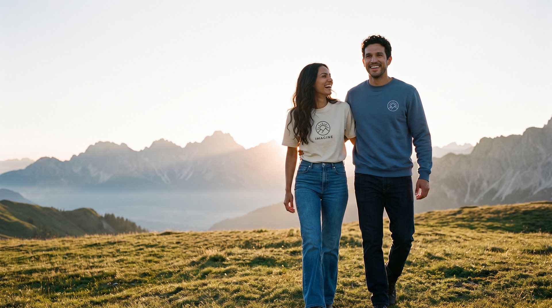Zwei Freunde in IMAGINE Sweatshirt und T-Shirt bei Sonnenaufgang in den Bergen